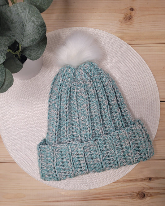 Crochet adult beanie, Two tone winter hat, Teal and grey winter accessory, Gift for winter