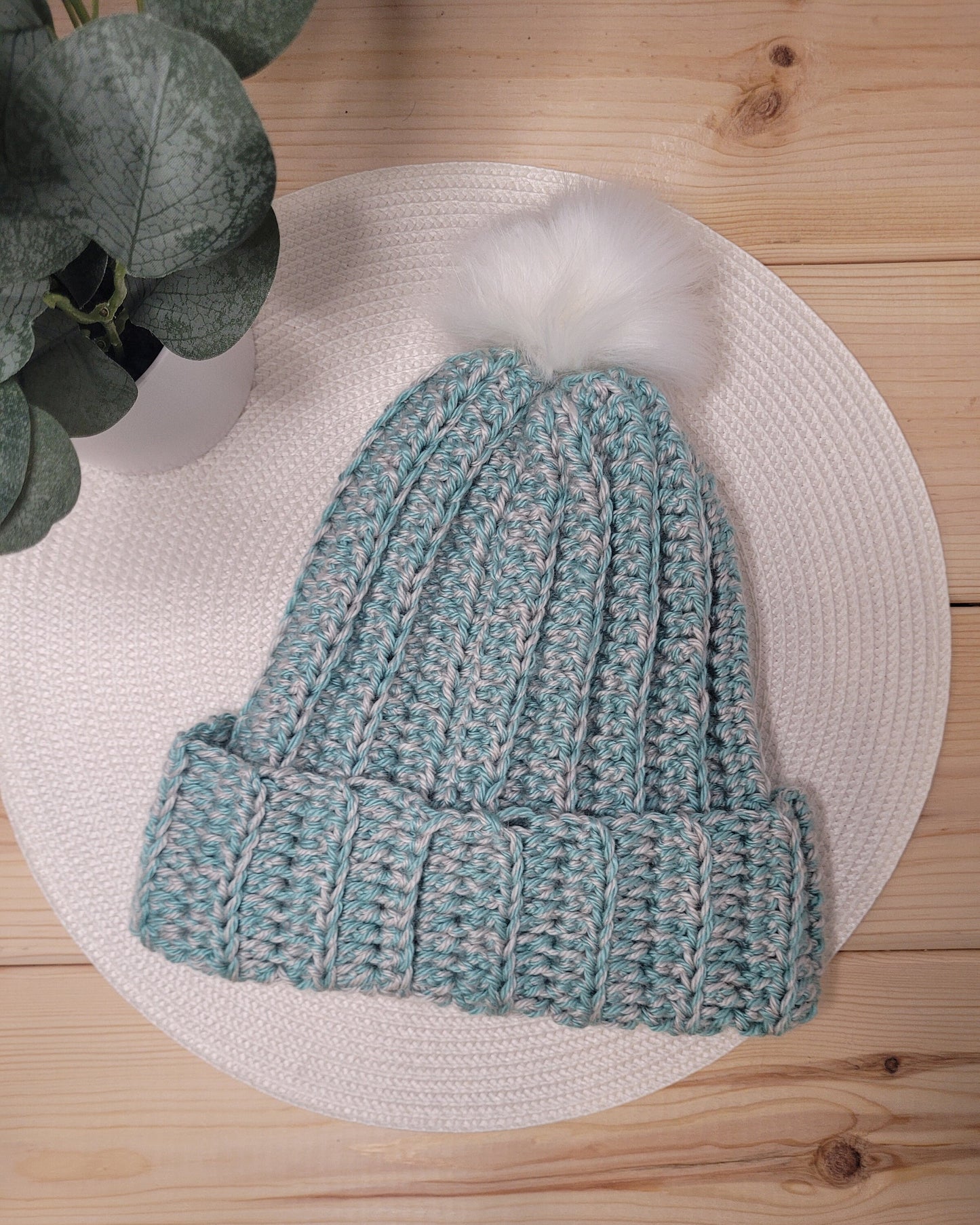 Crochet adult beanie, Two tone winter hat, Teal and grey winter accessory, Gift for winter