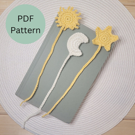 Sun, moon & star bookmark crochet pattern set | Beginner friendly crochet pattern | Cute celestial bookmark craft | Gift for book lovers