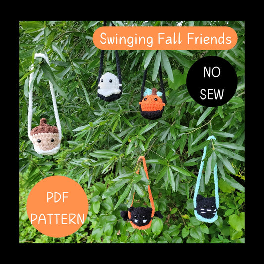 Swinging Fall Friends Pattern set | Cute Halloween beginner pattern | Gift for crocheter maker | Cat Ghost Pumpkin Bat Acorn | Digital PDF